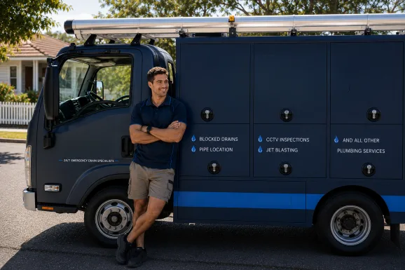 Service van and plumber at a Bondi Beach callout
