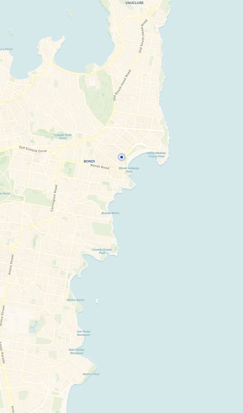 Map of the Bondi Beach service area and the surrounding suburbs we cover.