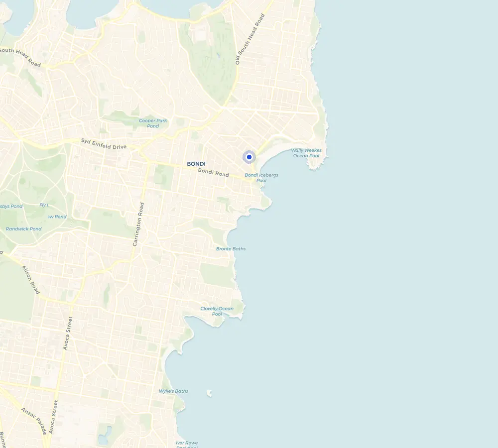 Map of the Bondi Beach service area and the surrounding Eastern Suburbs, showing Bondi Beach and the nearby streets we cover.