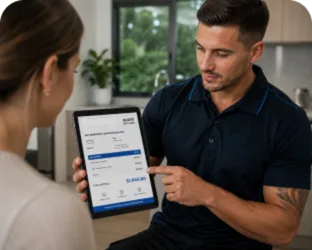Plumber showing a Bondi Beach customer the quote on a tablet